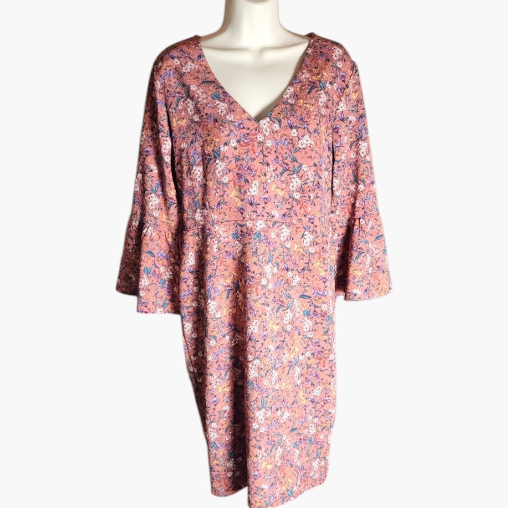 Gilli Womens Large Pink Floral V-Neck Bell Sleeve Shift Dress Boho Stretch Crepe